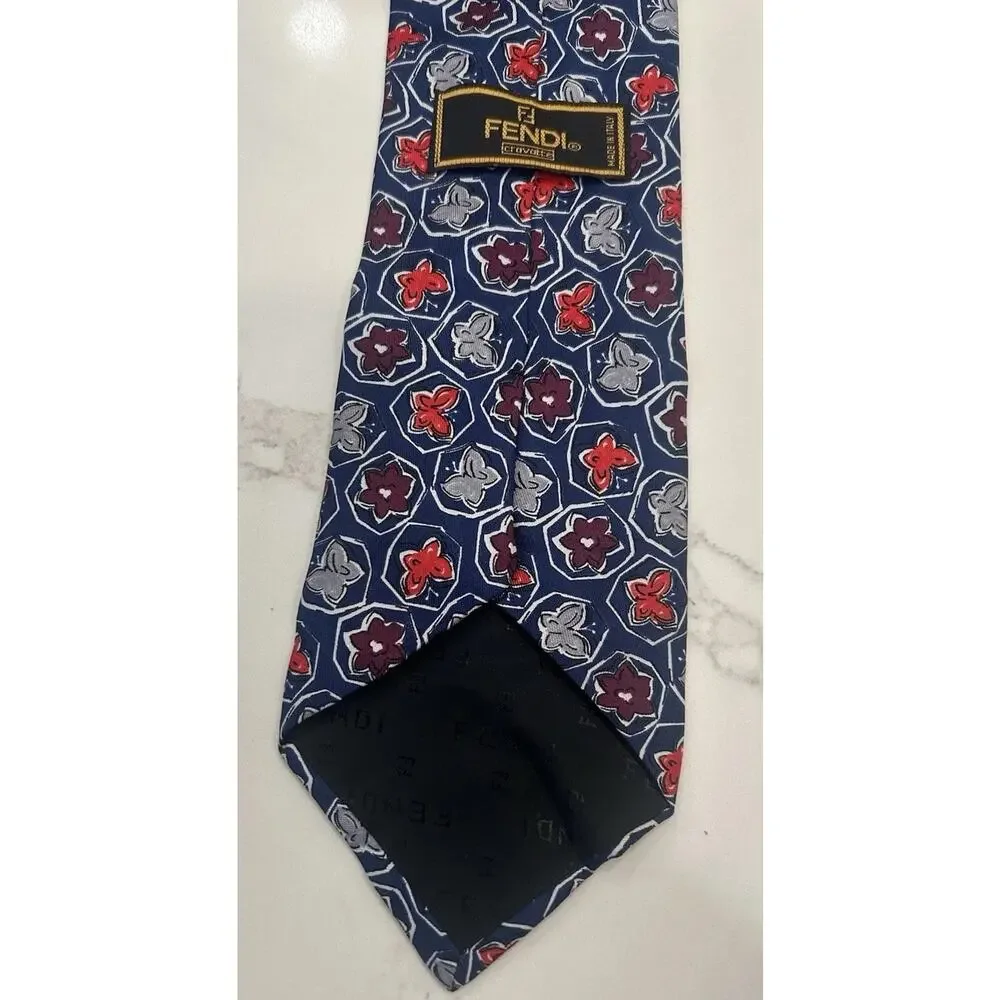 FENDI Italian Men’s Tie 3.5” Silk Navy Floral Geometric Hand Sewn Designer